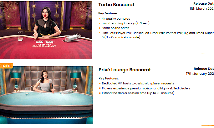 Pragmatic Play Turbo Baccarat and Prive Lounge Baccarat screenshots with text game info.