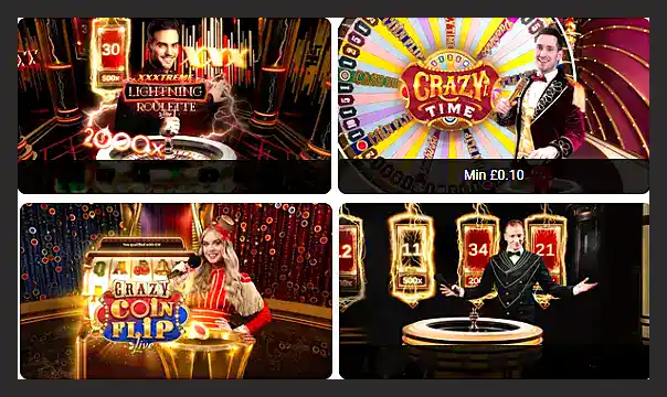 Four popular live dealer games from Evolution: XXXtreme Lightning Roulette, Crazy Time, Crazy Coin Flip, Live Lightning Roulette