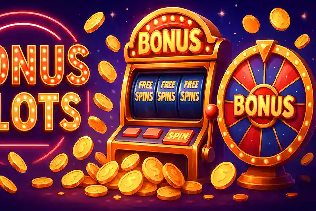 Vegas style bonus slots banner showing a glowing slot machine with ‘Free Spins’, a colorful bonus wheel, gold coins, and neon ‘Bonus Slots’ lights.