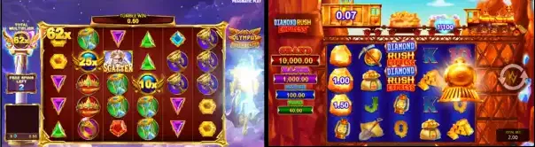 Gates of Olympus Super scatter, and Dimaun Rush Express bonus slots screenshots