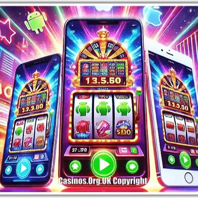 Showing iPhone and Android mobile with a slot machine on screens